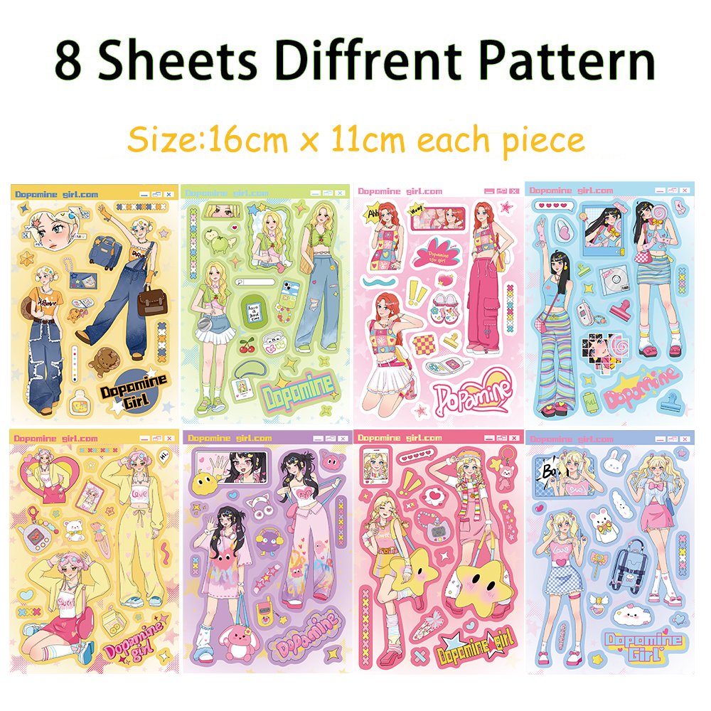 8 Sheets Personality Girls Trend Wear Collage Stickers Diy Decorative Diary Phone Notebook Cute Waterproof Sticker Gift