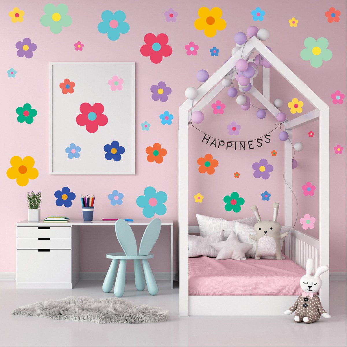 8 Sheets Colorful Flower Wall Stickers Decal for Kid Classroom,Lovely Retro Flowers Kindergarten Girls Bedroom,Home Decoration