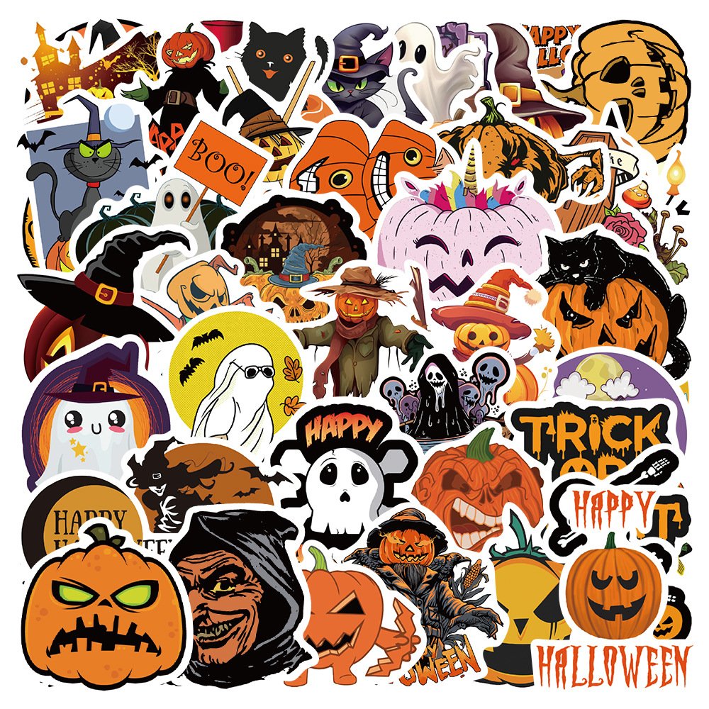 50Pcs Custom Halloween Bat Pumpkin Sticker Party Decoration Vinyl Waterproof Holiday Cartoon Stickers Holiday Gifts for Kids
