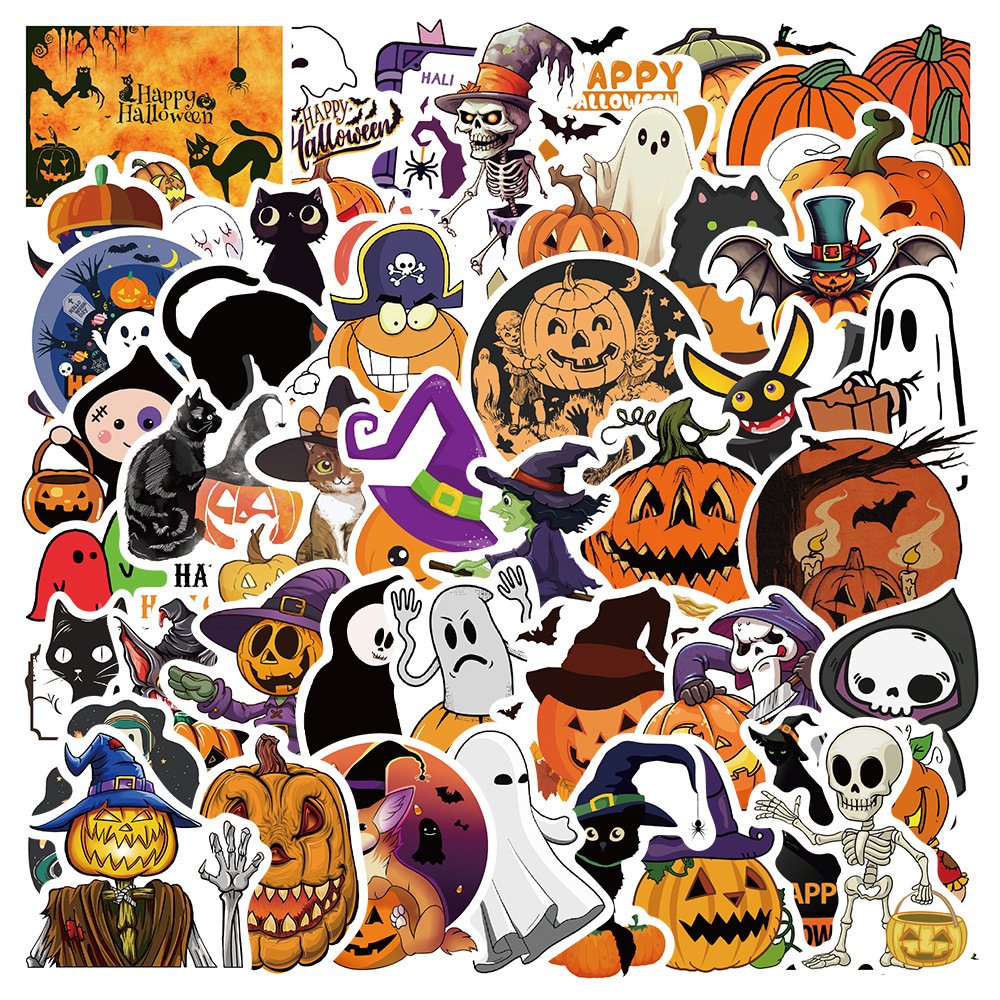 50Pcs Custom Halloween Bat Pumpkin Sticker Party Decoration Vinyl Waterproof Holiday Cartoon Stickers Holiday Gifts for Kids