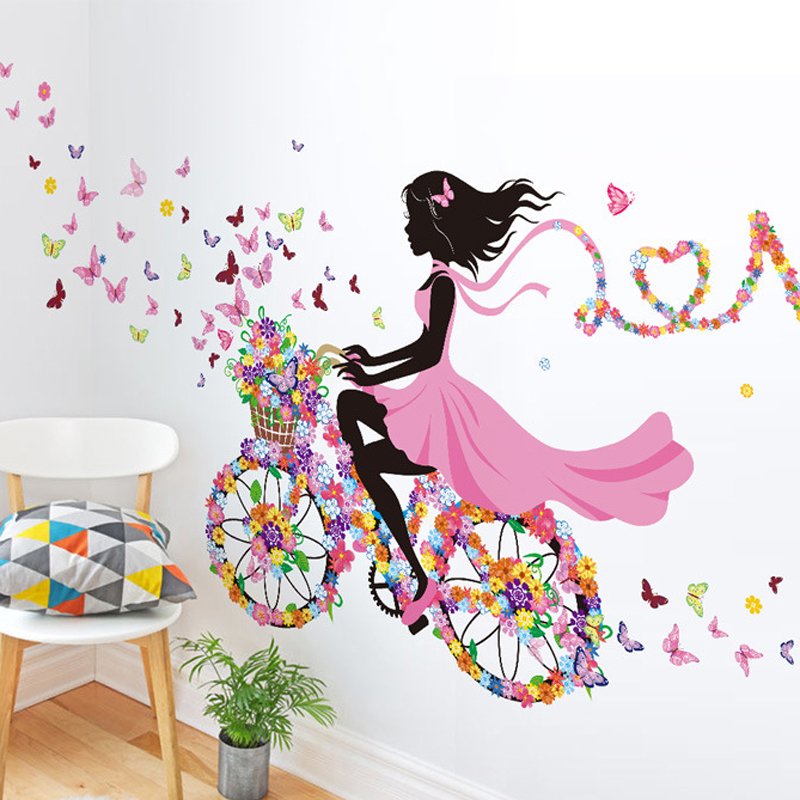 Living room self adhesive cartoon girl riding bike wall sticker decoration