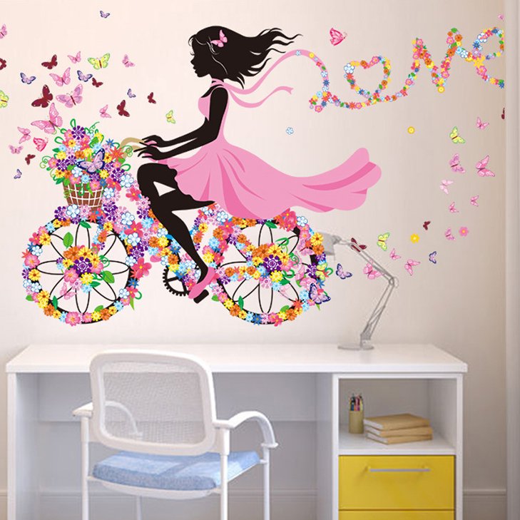 Living room self adhesive cartoon girl riding bike wall sticker decoration