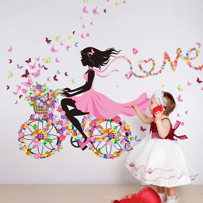 Living room self adhesive cartoon girl riding bike wall sticker decoration