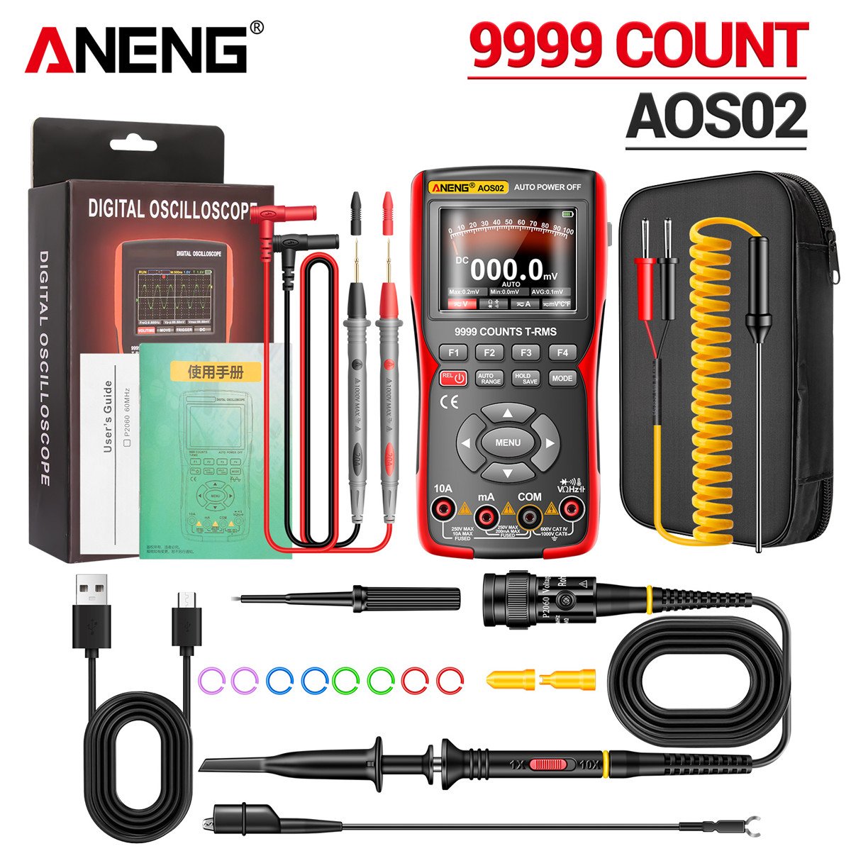 ANENG AOS03 Professional Digital Oscilloscope Multimeter True RMS 48MS/s Sampling Rate 10MHZ Analog Bandwidth Data Storage