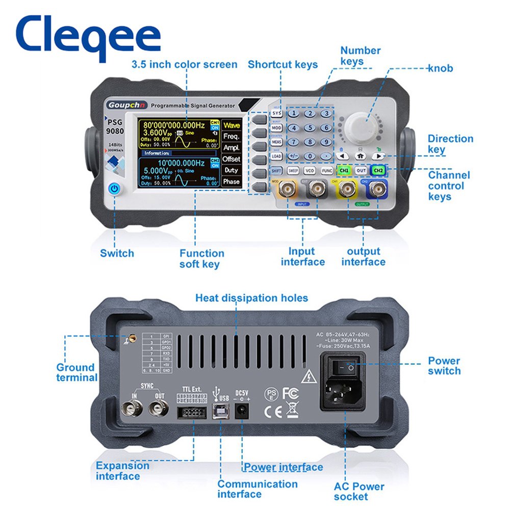 Cleqee PSG9080 80MHz Programmable Digital Control DDS Signal Generator Dual Channel Aribitrary Waveform Function Phone Control