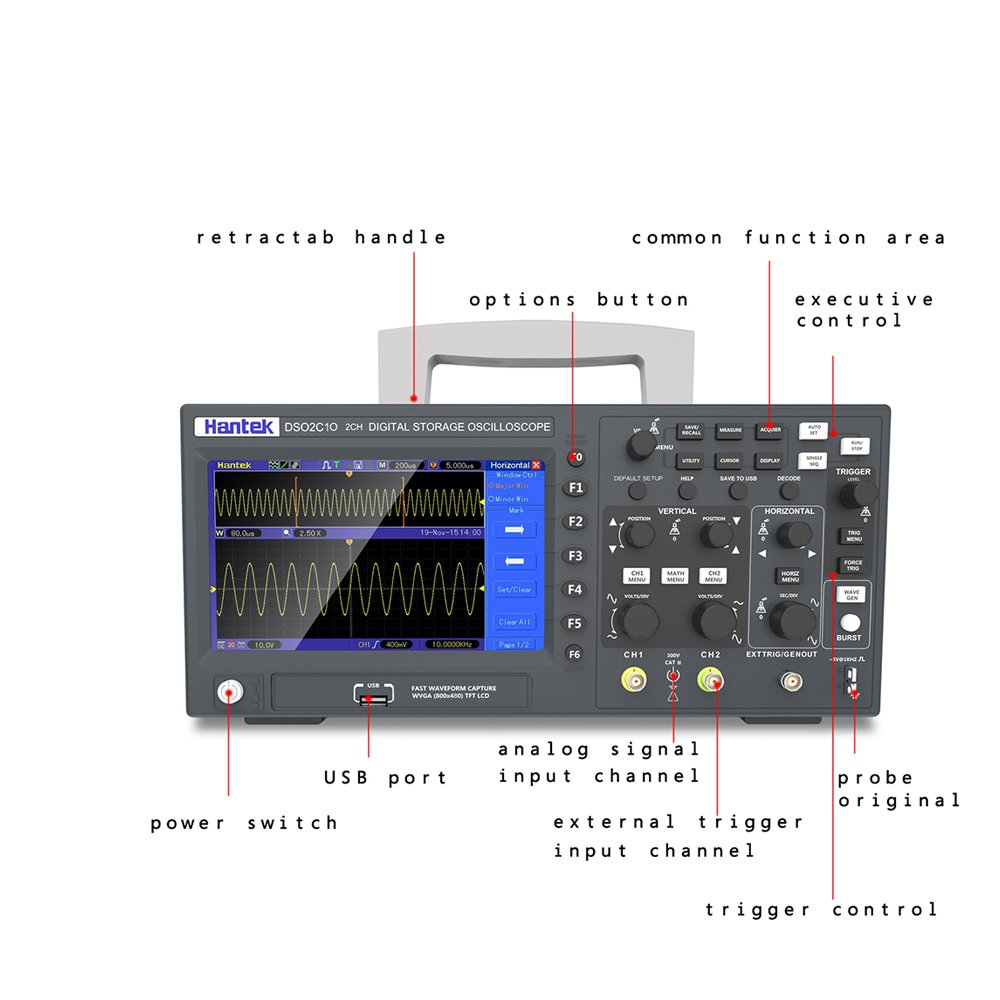 Hantek Digital Storage Oscilloscope DSO2C10 Dual Channel 100Mhz 1GSa/s Practical Signal Generation Oscilloscopes
