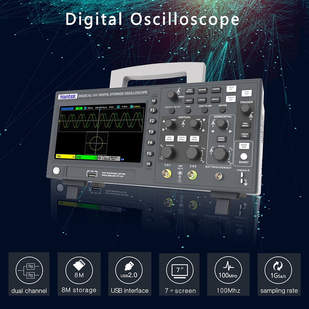 Hantek Digital Storage Oscilloscope DSO2C10 Dual Channel 100Mhz 1GSa/s Practical Signal Generation Oscilloscopes