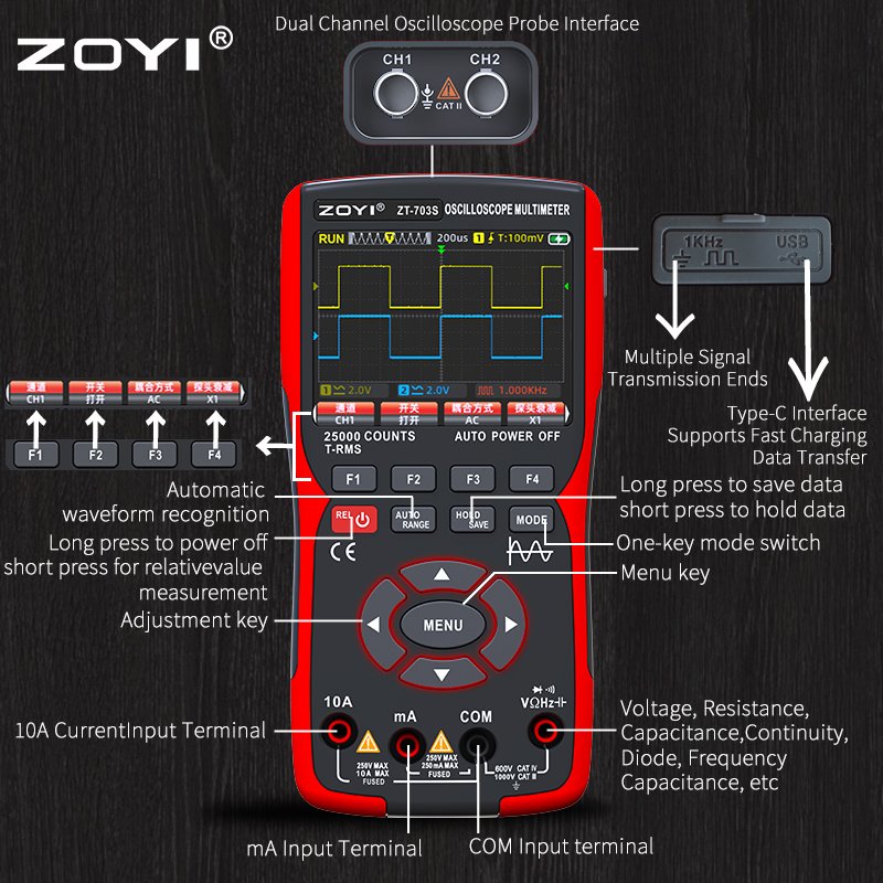 ZOYI ZT-703S 3in1 dual channel Oscilloscope+ signal generator + multimeter 50MHz Bandwidth