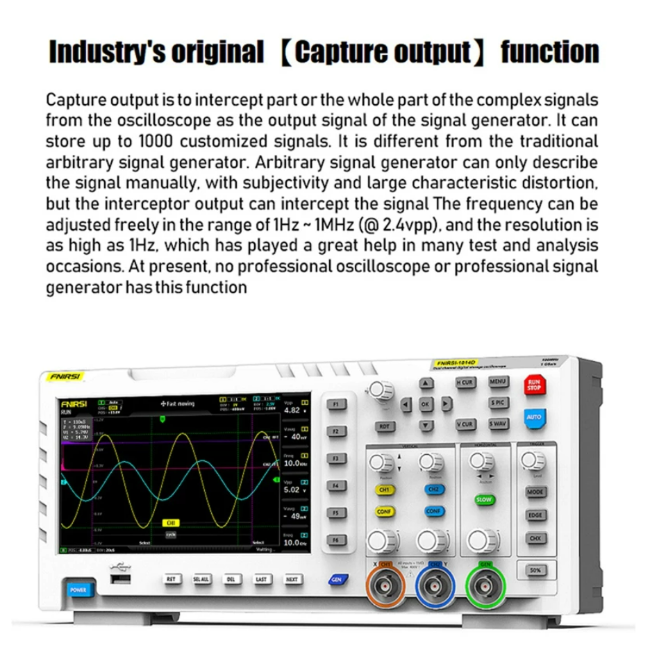 FNIRSI 1014D Digital Oscilloscope 100MHz 2Channels 1GSa/s Real Time sample rate USB host and device connectivity 7 Inch