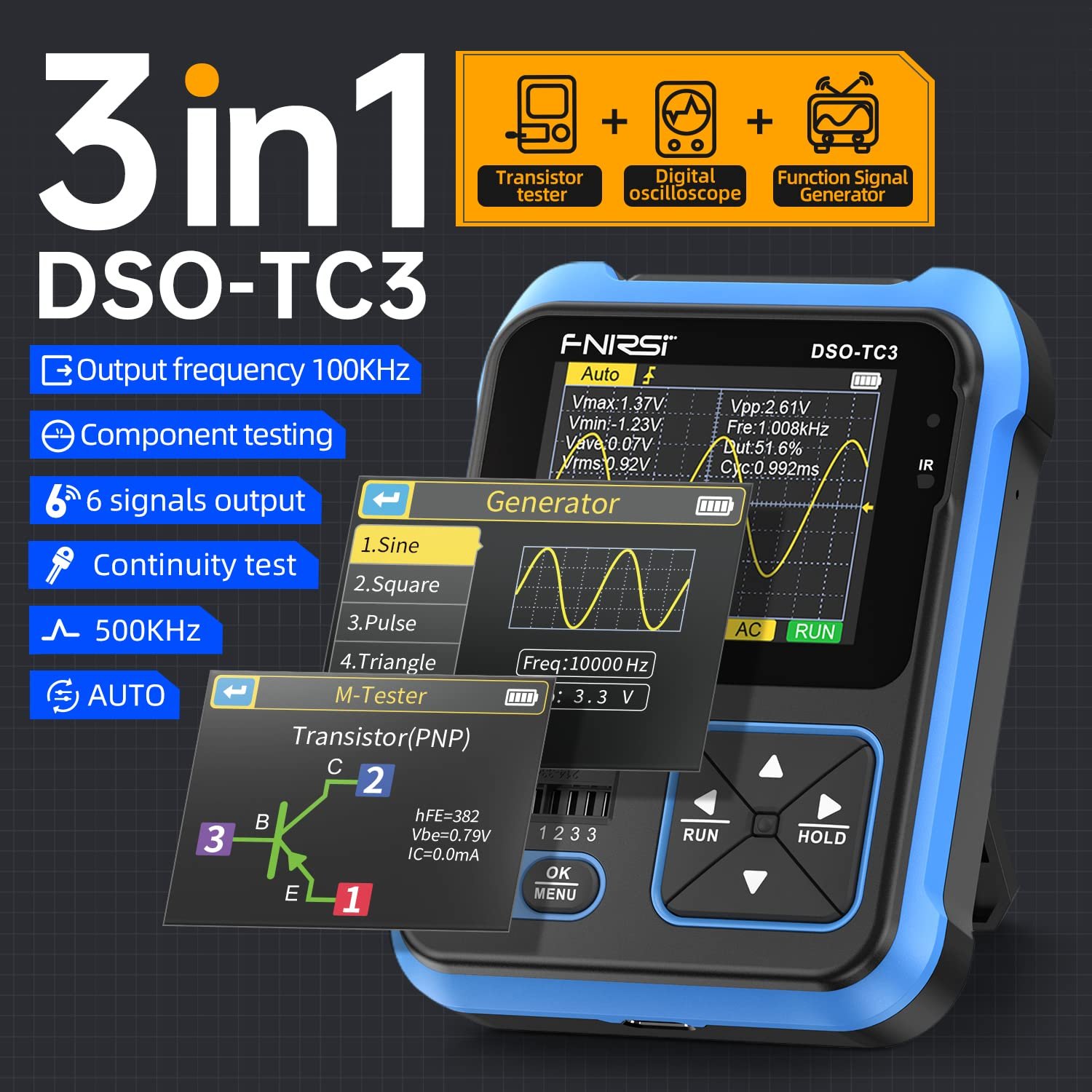 Hand-held 3-in-1 Oscilloscope&DDS Signal Generator&Transistor Tester 500Khz 10MSa/s DSO-TC3 Digital Oscilloscope