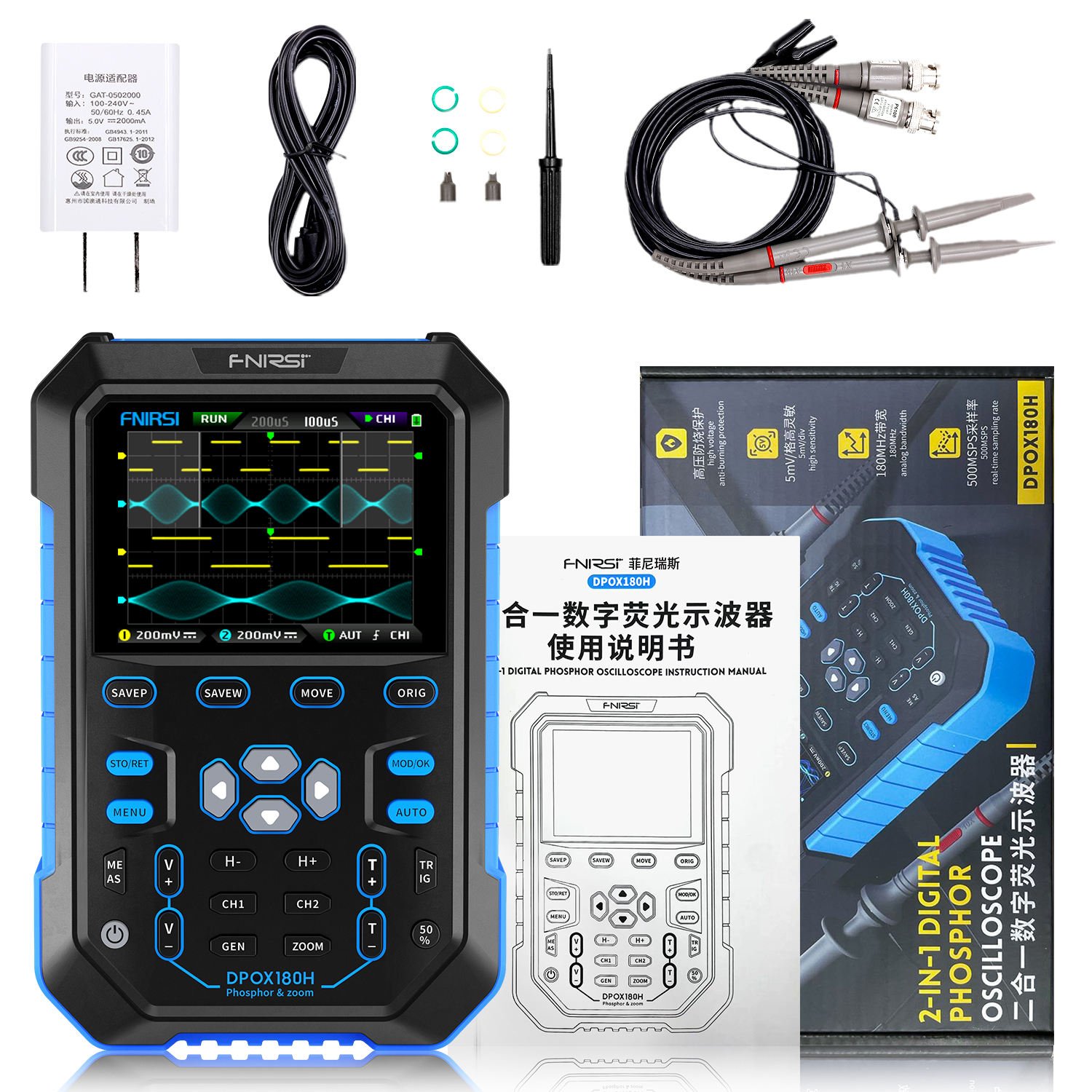 FNIRSI Blue appearance DPOX180H Handheld Dual Channel Digital Oscilloscope180MHz-3DB 2 In1Function Signal Generator Fluorescence