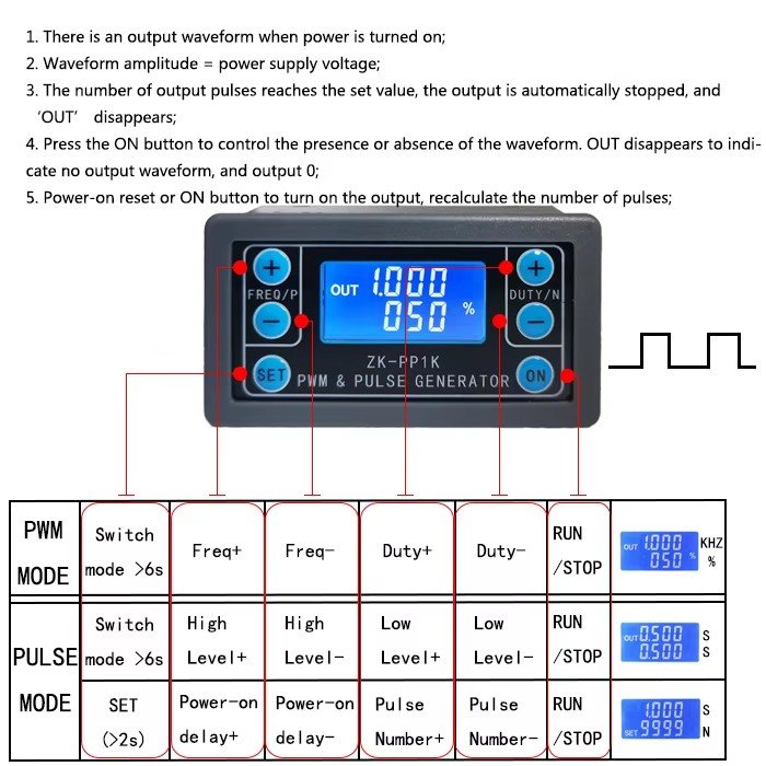 ZK-PP1K Dual Mode LCD PWM Signal Generator 1-Channel 1Hz-150KHz PWM Pulse Frequency Duty Cycle Adjustable Square Wave Generator