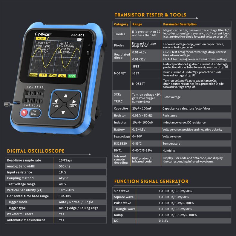 3-in-1 handheld oscilloscope with DDS signal generator and transistor tester FNIRS1