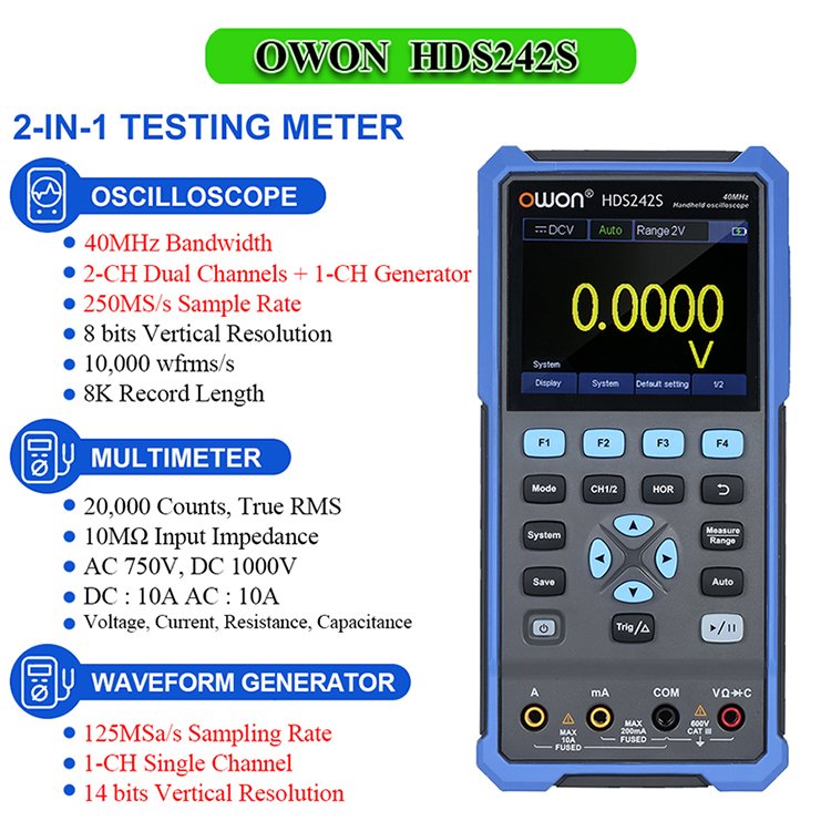 OWON Handheld Digital Oscilloscope 2 Channels 40MHz 250MSa/s Sample Rate Signal Generator Multimeter Oscilloscope HDS242S