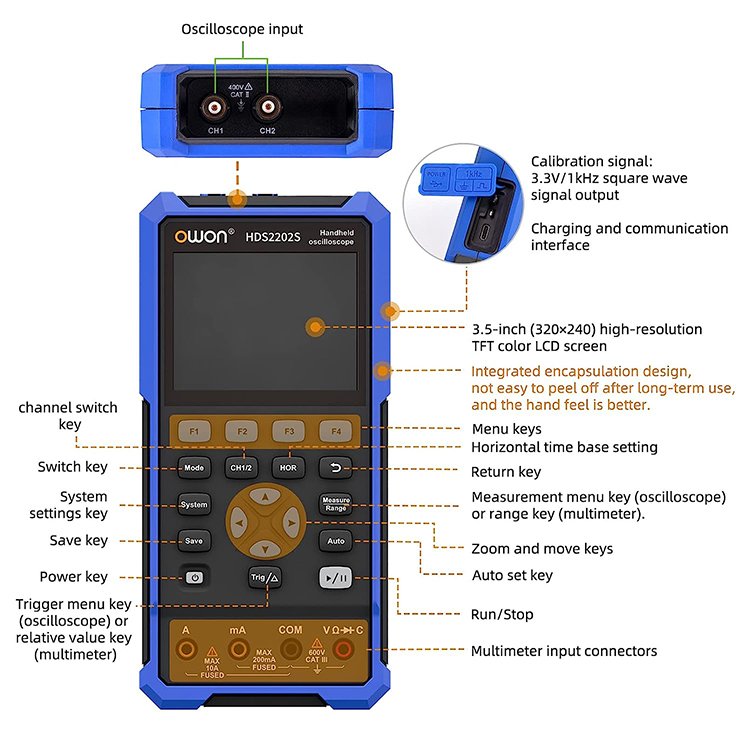 OWON Handheld Digital Oscilloscope 2 Channels 40MHz 250MSa/s Sample Rate Signal Generator Multimeter Oscilloscope HDS242S