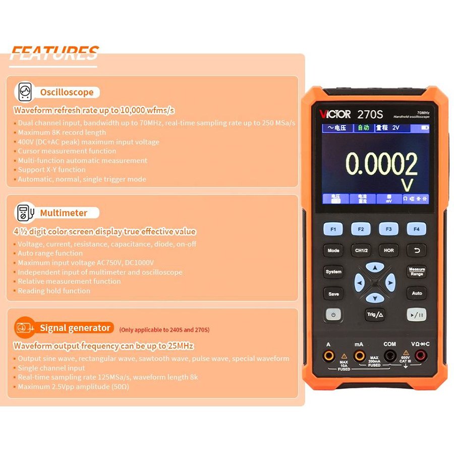 VICTOR 270S Handheld Oscilloscope And Multimeter And Signal Generator 3 In 1Function 70MHz Dual Channel 4 1/2 Display 250M Sa/s