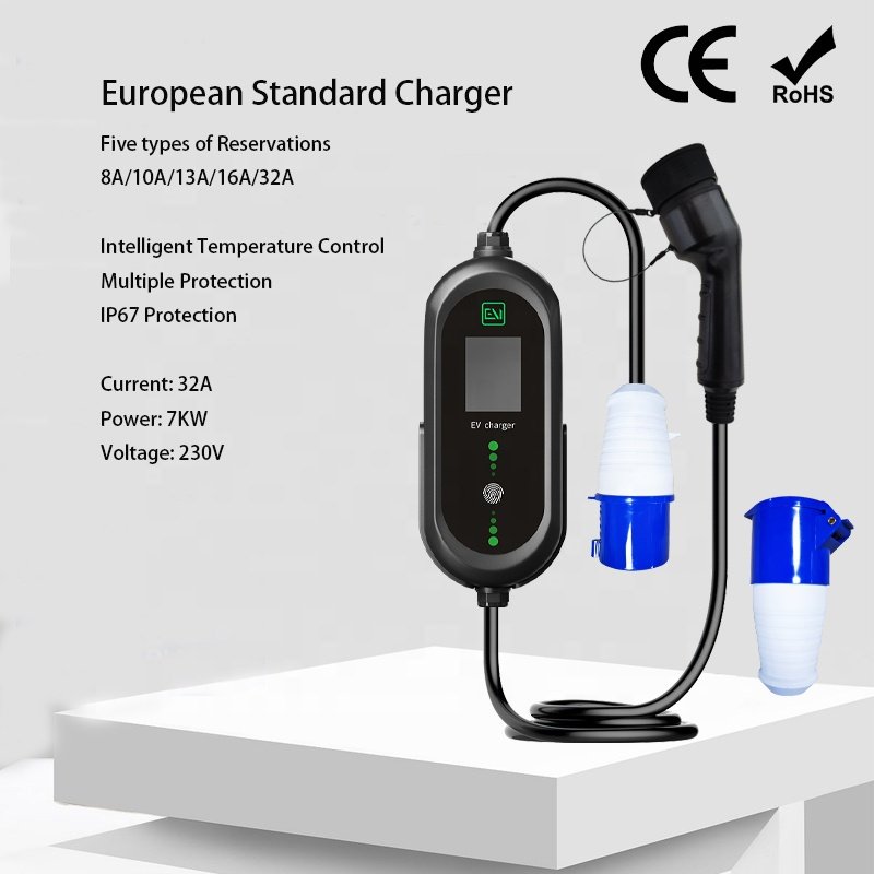 Portable ZR-EUO01-2 EV Charger AC230V 32A 7KW with 2.4-inch display European standard Scheduled Charging AC car charger