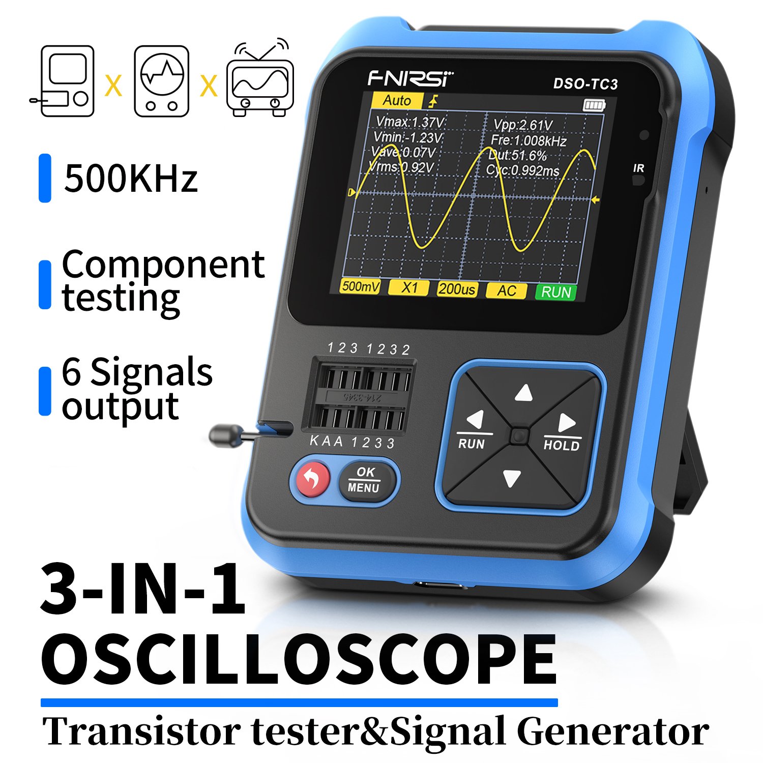 FNIRSI DSO-TC3 10MS/s 500kHz Bandwidth Support Diode PWM Out Transistor LCR Signal Generator Digital Oscilloscope with P6100