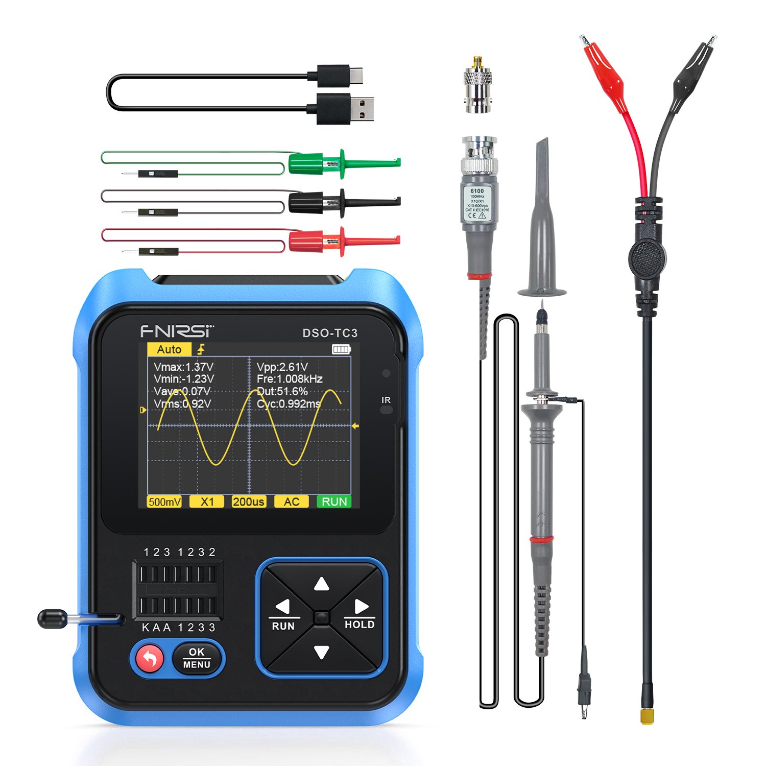 FNIRSI DSO-TC3 10MS/s 500kHz Bandwidth Support Diode PWM Out Transistor LCR Signal Generator Digital Oscilloscope with P6100