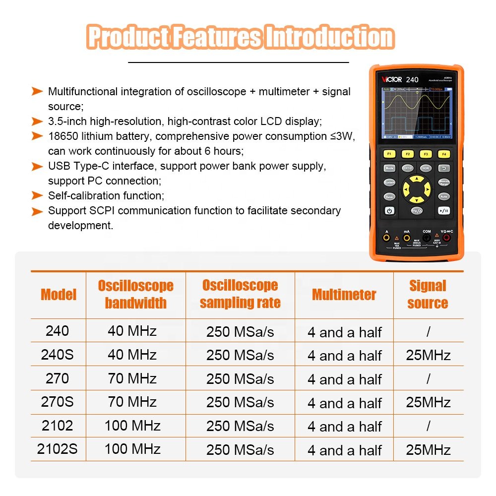 VICTOR 240 240S 270 270S 2102 2102S new Handheld Oscilloscope Multimeter Signal Generator oscilloscope bandwidth optional