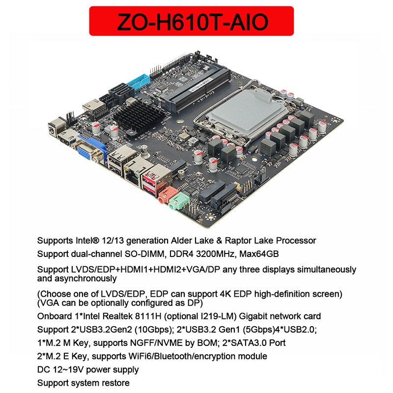 Zeroone Intel 12Th Generation Tiger Lake-U I3 I5 I7 Mini Pc Mainboard 2 Ddr4 64Gb Lvds H610 Industrial Itx Motherboards