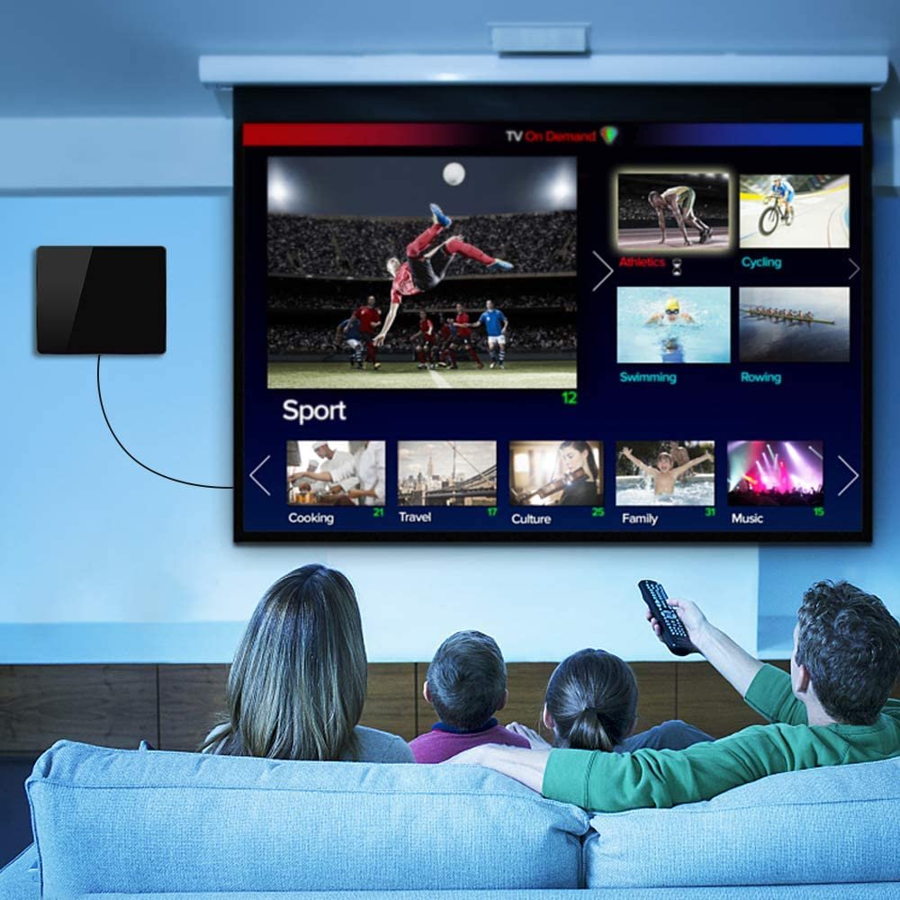 Amplified TV Antenna 150 Mile Range UHF/VHF Multi-Directional Grips to Walls USB In-Line Amplifier