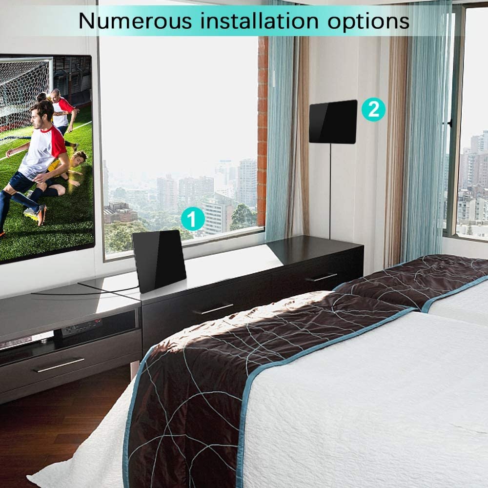 Amplified TV Antenna 150 Mile Range UHF/VHF Multi-Directional Grips to Walls USB In-Line Amplifier