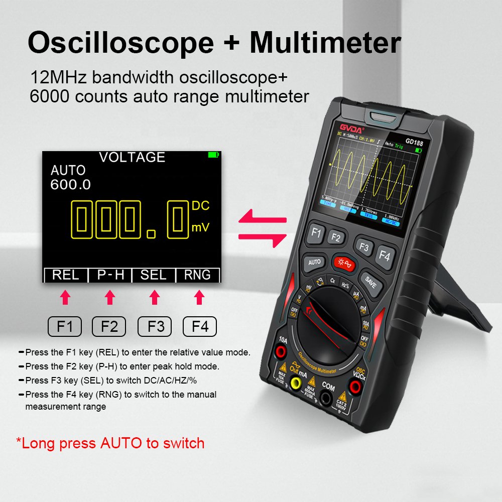 GVDA Portable 3 in 1 Digital Oscilloscope12MZ Bandwidth 6000 Counts Multimeter and Signal Generator