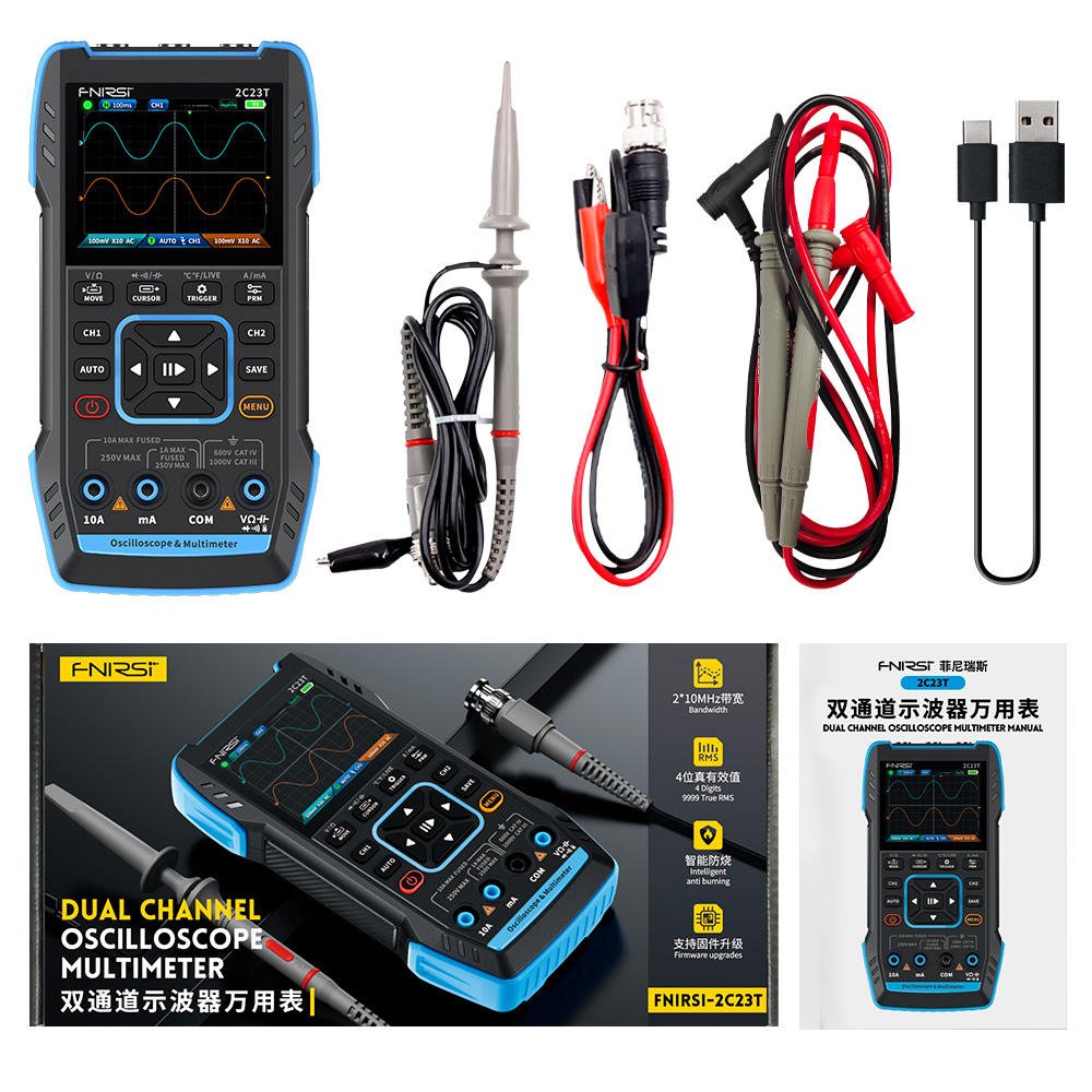 Hot Selling Portable Dual Channel 2C23T Digital Oscilloscope Signal Generator Multimeter 10MHz*2 50ms/s 2023 Latest Model
