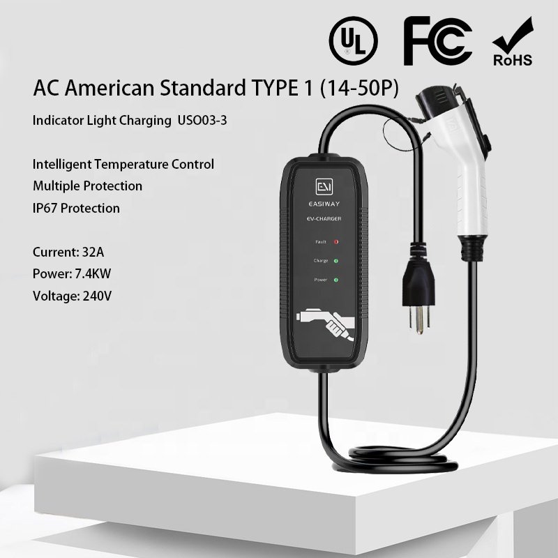 Plug and charge car charging gun ZR-USO03-3 with LCD screen display LED indicator light AC240V 32A 7.4KW IP67 protection