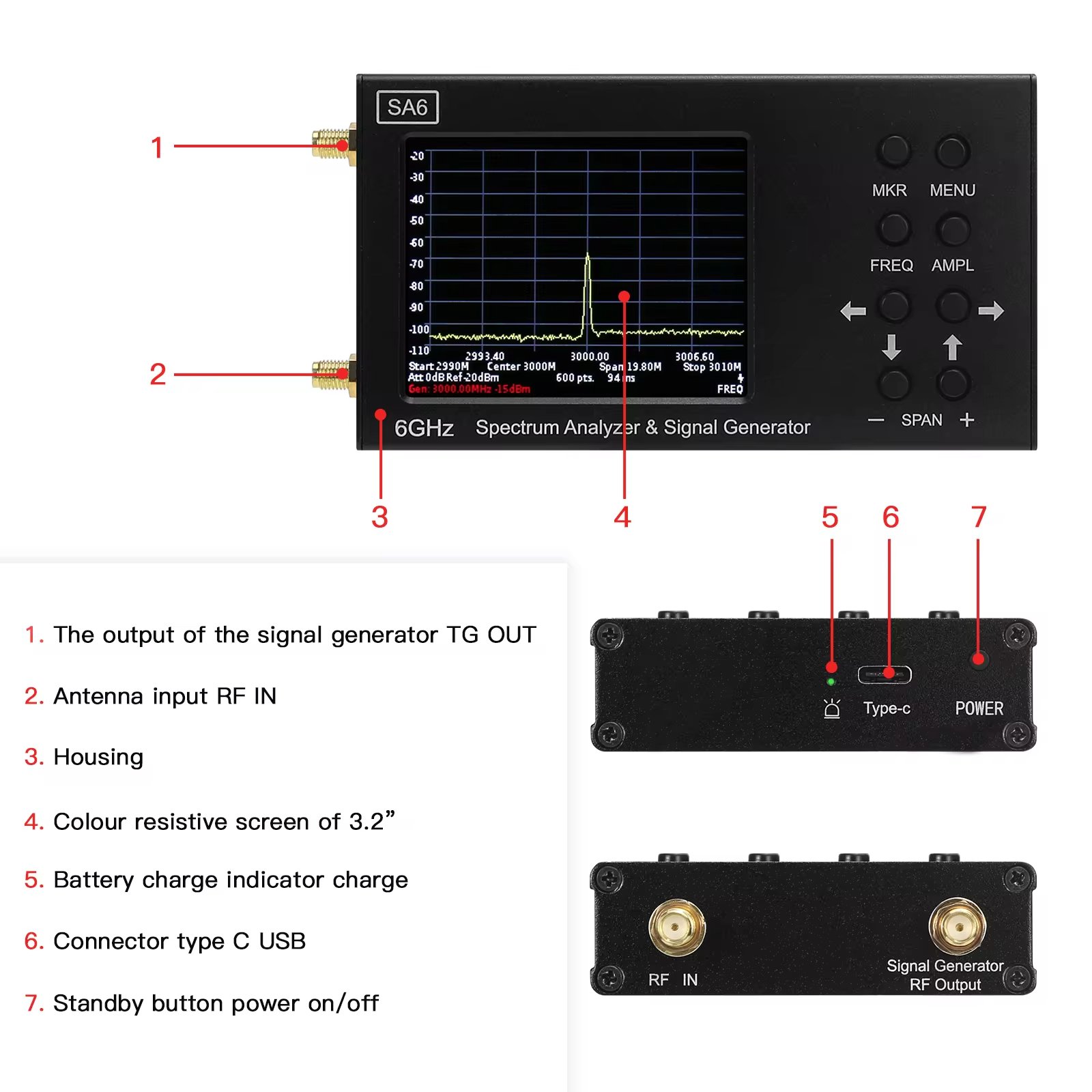SA6 35-6200MHz Spectrum Analyzer Signal Generator RF Signal Source Wi-Fi 3G 4G LTE CDMA GSM Beidou GPR GLONASS