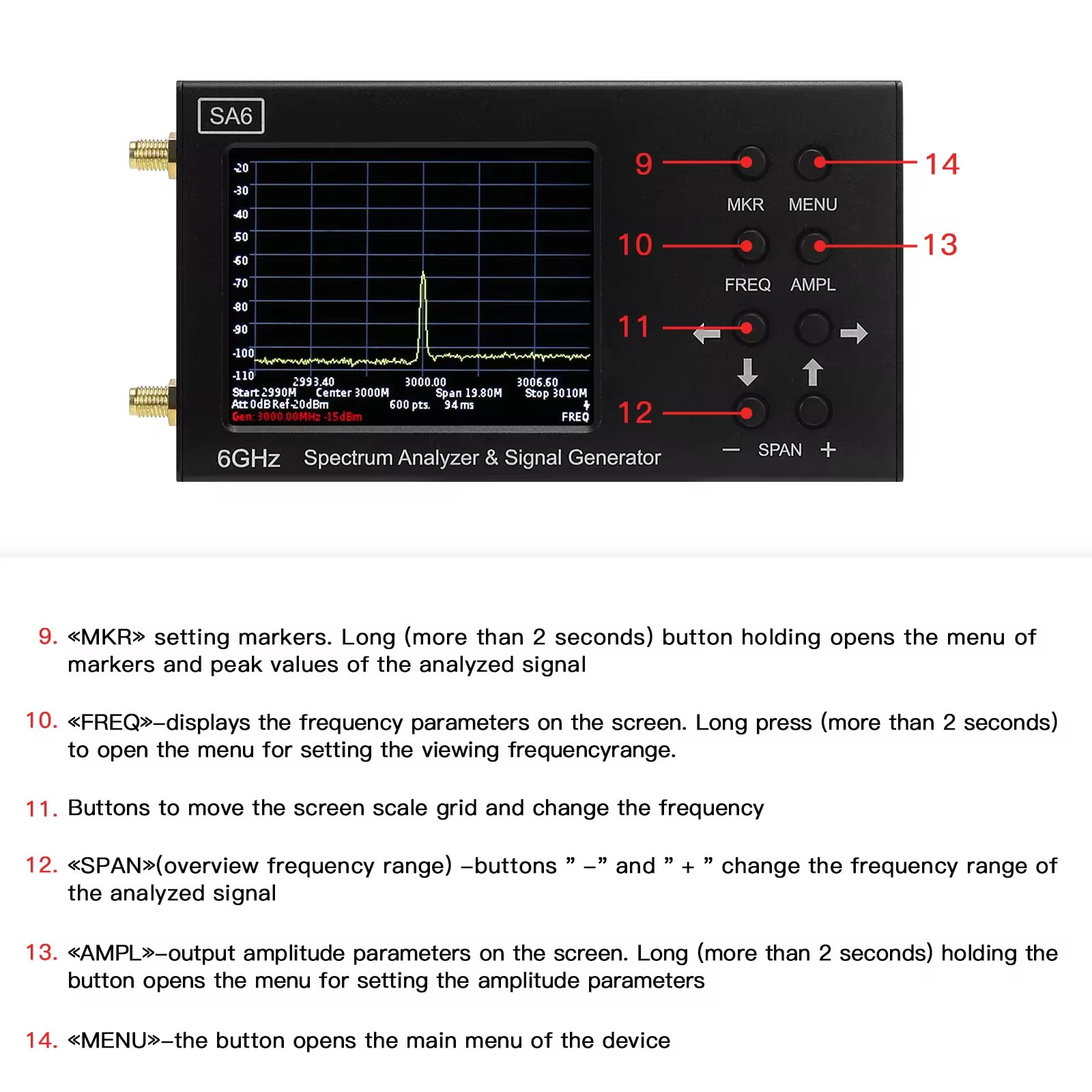 SA6 35-6200MHz Spectrum Analyzer Signal Generator RF Signal Source Wi-Fi 3G 4G LTE CDMA GSM Beidou GPR GLONASS