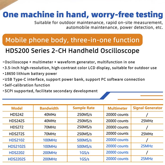 OWON HDS2102S 3-In-1 Handheld Digital Mini oscilloscope multimeter 100MHz Bandwidth 500MSa/s 2CH+1CH Signal Generator