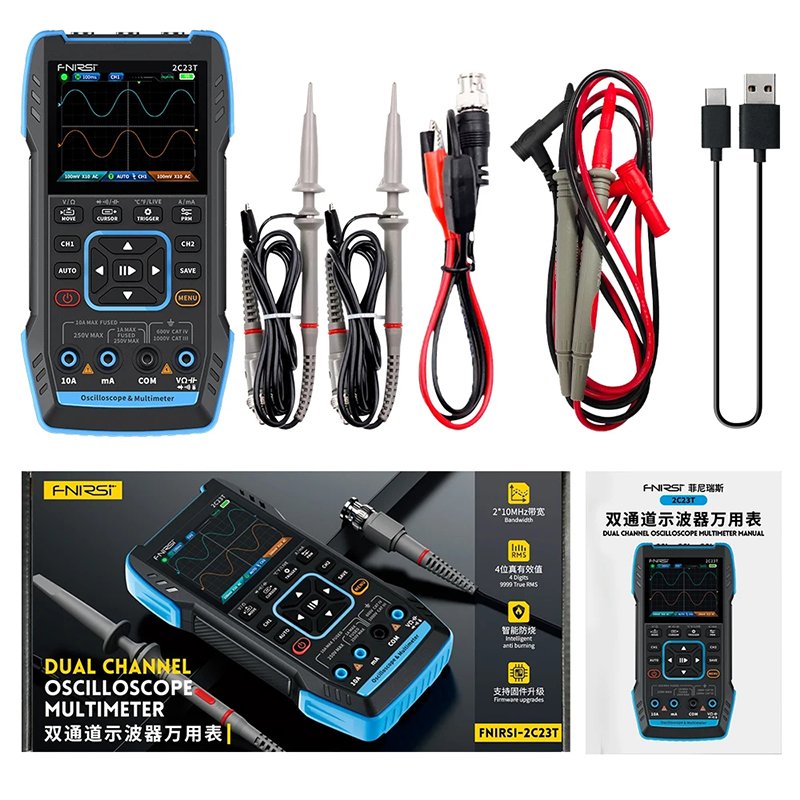 FNIRSI 2C23T Digital Oscilloscope Signal Generator Multimeter 3 in 1 Dual Channels 50M Sample Rate Multifunction Multimeter