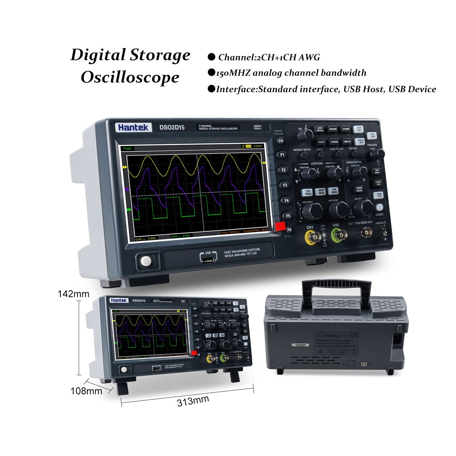 Hantek Dso2d15 2 Channel 150mhz 1gsa/s Digital Storage Oscilloscope With 1ch Awg Signal Generator