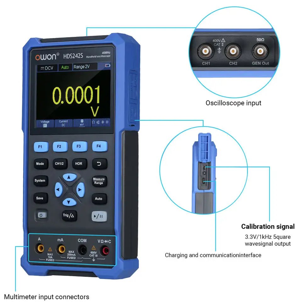 OWON HDS242S Handheld Digital Oscilloscope 2 Channels 40MHz 250MSa/s Sample Rate Signal Generator Multimeter Oscilloscope