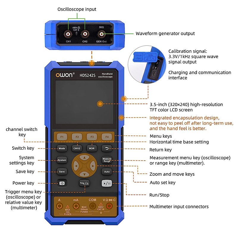 OWON HDS242S Handheld Digital Oscilloscope 2 Channels 40MHz 250MSa/s Sample Rate Signal Generator Multimeter Oscilloscope