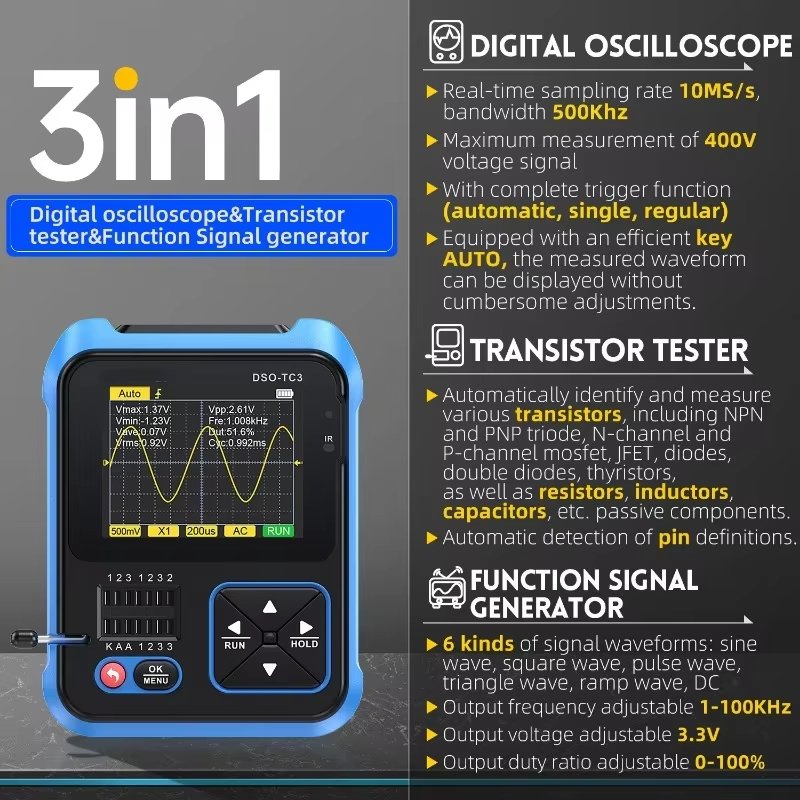 FNIRSI DSO-TC3 Digital Oscilloscope Transistor Tester Signal Generator 3 in1 500Khz 10MSa/s Capacitor Resistor Diode 100K output