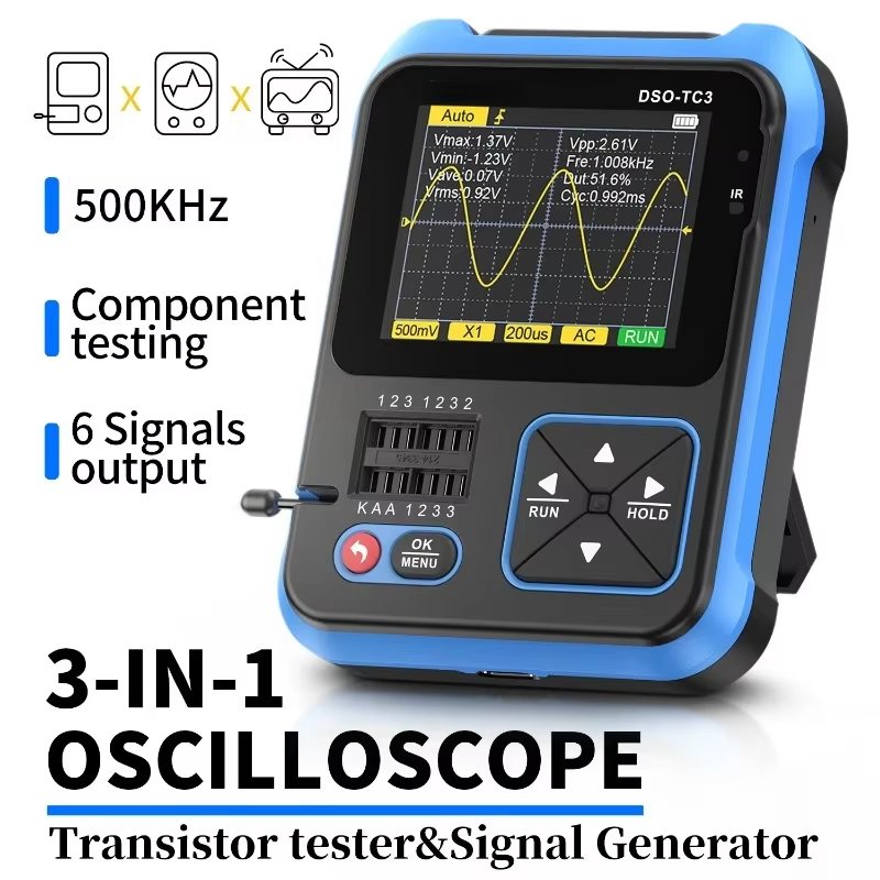FNIRSI DSO-TC3 Digital Oscilloscope Transistor Tester Signal Generator 3 in1 500Khz 10MSa/s Capacitor Resistor Diode 100K output