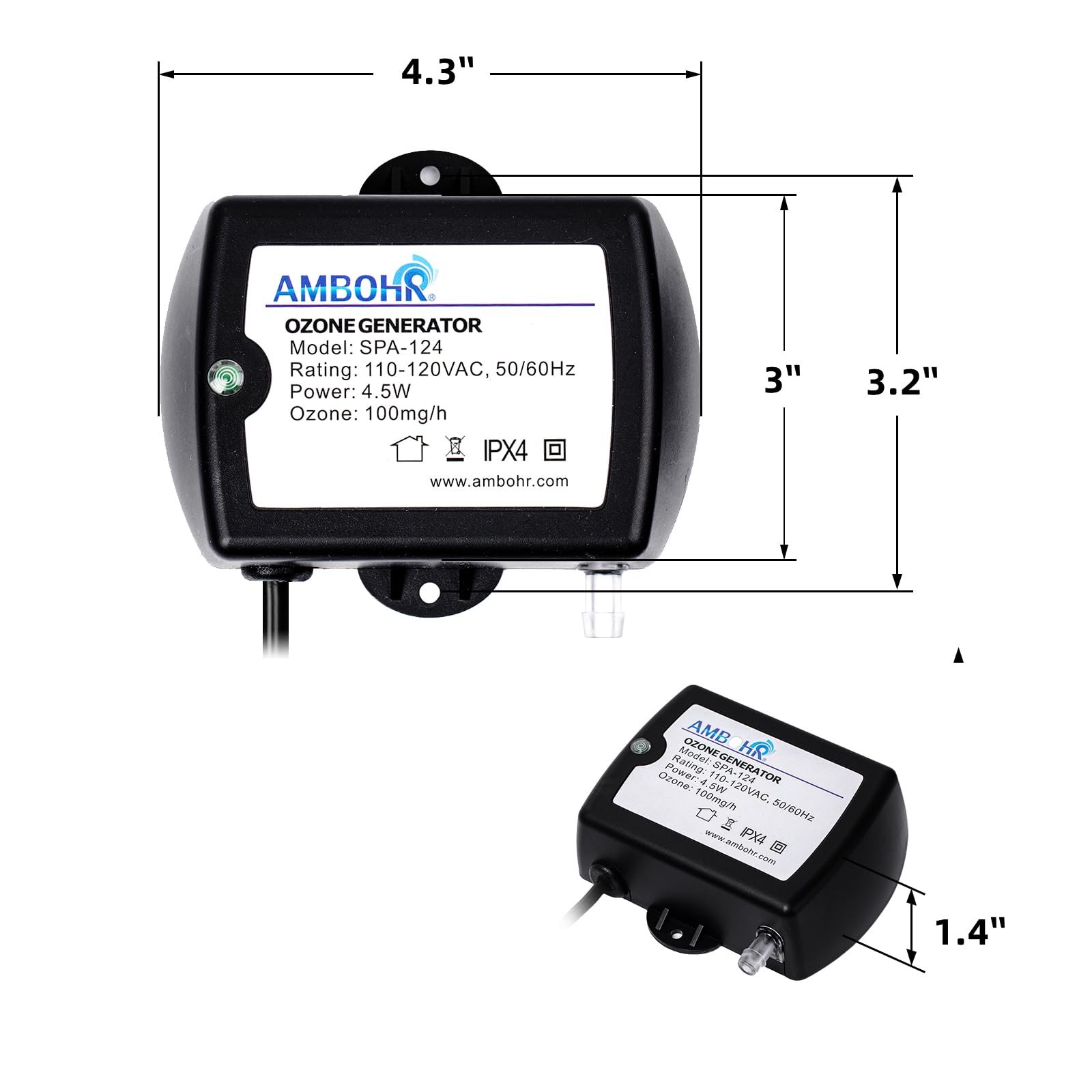 AMBOHR SPA-124 100mg/h Spa Ozonator Mini Home Portable Ozone Generator For Cold Plunge Water Purification And Swimming Pool