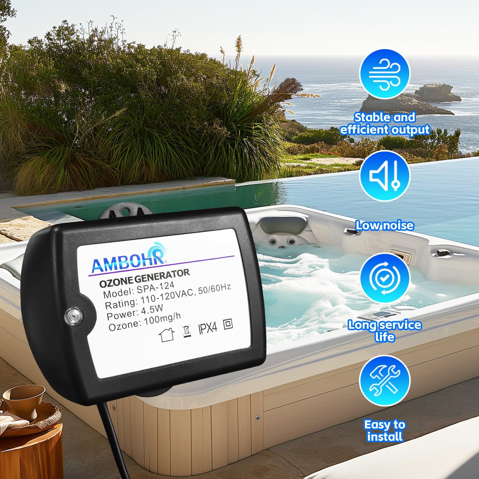 AMBOHR SPA-124 100mg/h Spa Ozonator Mini Home Portable Ozone Generator For Cold Plunge Water Purification And Swimming Pool
