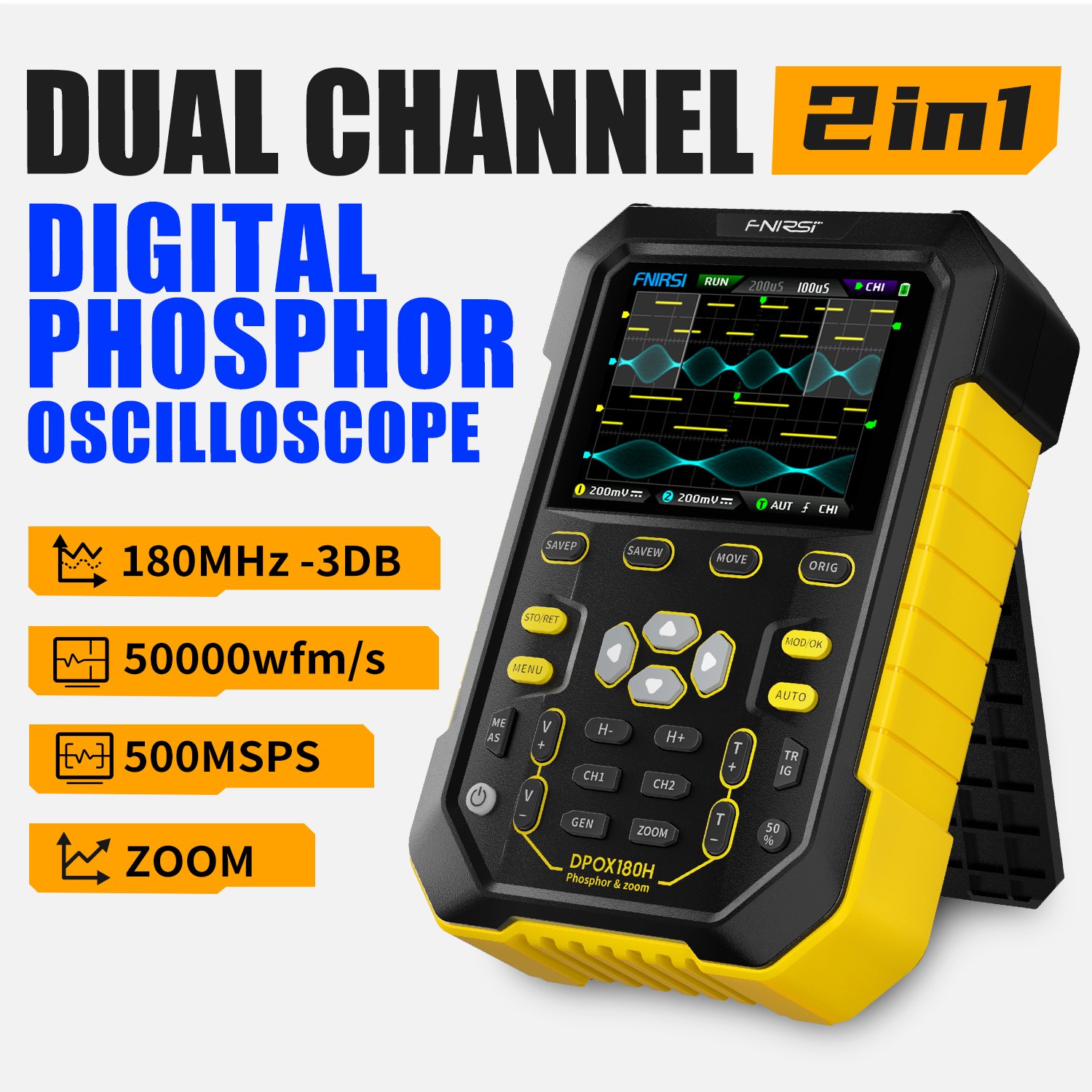 FNIRSI DPOX180H Handheld Dual Channel Digital Oscilloscope180MHz-3DB 2In1Function Signal Generator Fluorescence Display ZOOM