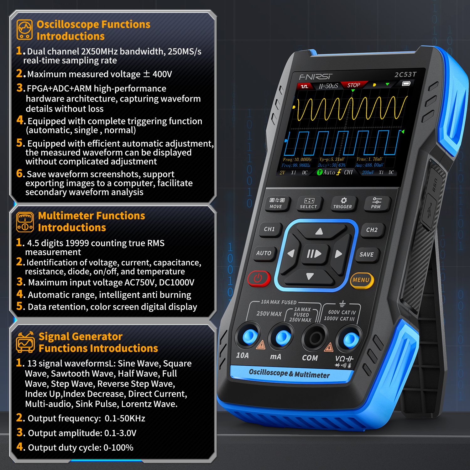 Fnirsi 2C53T Portable 3 In 1 Digital Oscilloscope Signal Generator Multimeter Dual Channel 50MHZ*2 250MS/s Handheld Oscilloscope