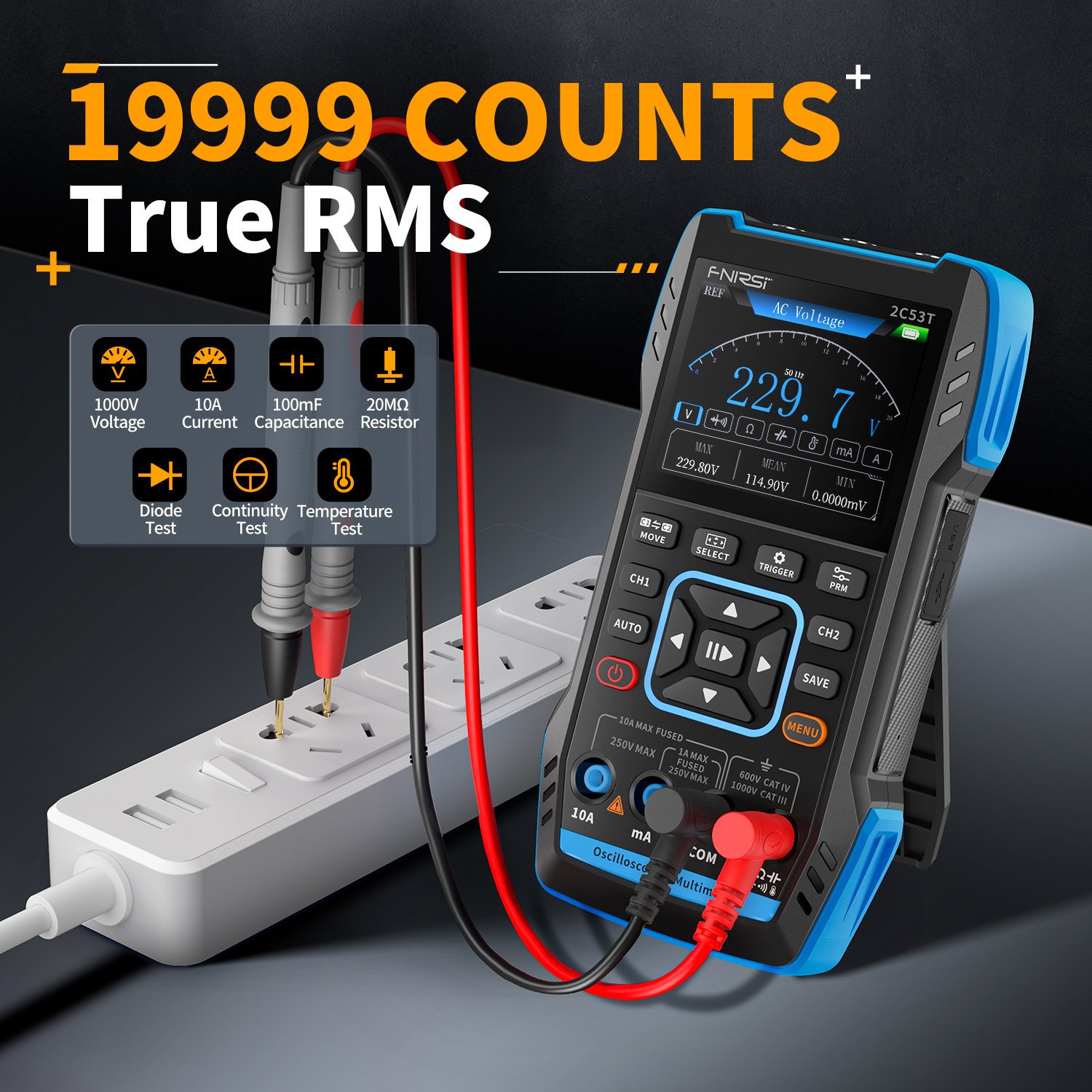 Fnirsi 2C53T Portable 3 In 1 Digital Oscilloscope Signal Generator Multimeter Dual Channel 50MHZ*2 250MS/s Handheld Oscilloscope