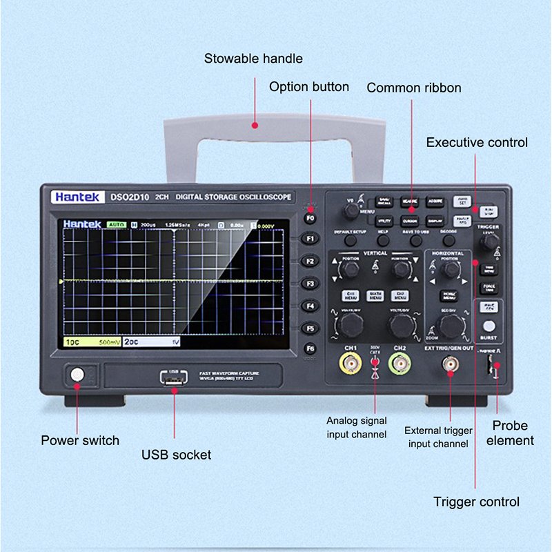 Hantek Digital Oscilloscope With Signal Generator 2 Channel 100MHz Bandwidth 1GSa/s Multifunctional Oscilloscope DSO2D10