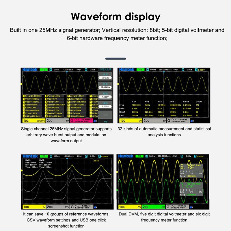 Hantek Digital Oscilloscope With Signal Generator 2 Channel 100MHz Bandwidth 1GSa/s Multifunctional Oscilloscope DSO2D10