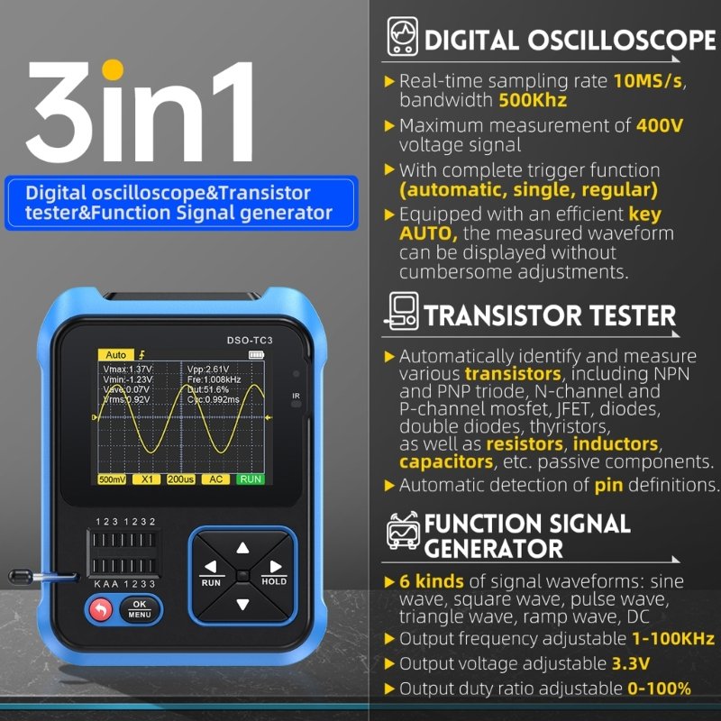 FNIRSI DSO-TC3 Digital Oscilloscope Transistor Tester Signal Generator 3 in 1 Multifunction Electronic Component Tester
