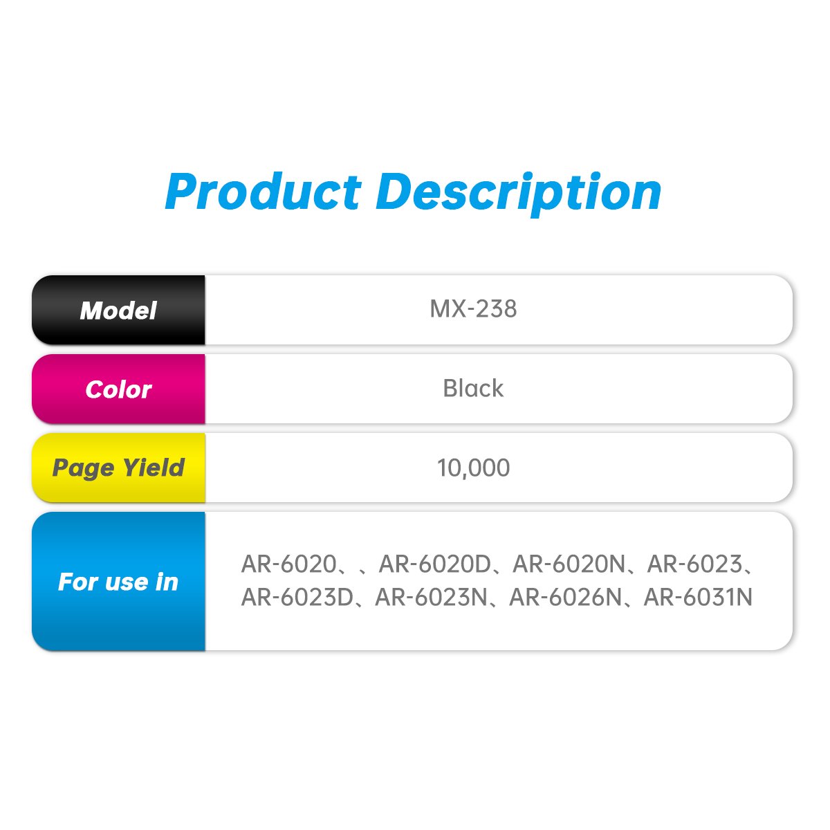 MX-238 MX-237 AR202T MX-235CT MX236CT AR-016 Black toner Compatible for Sharp AR-6020 6020D copier toner cartridge MX237 MX238