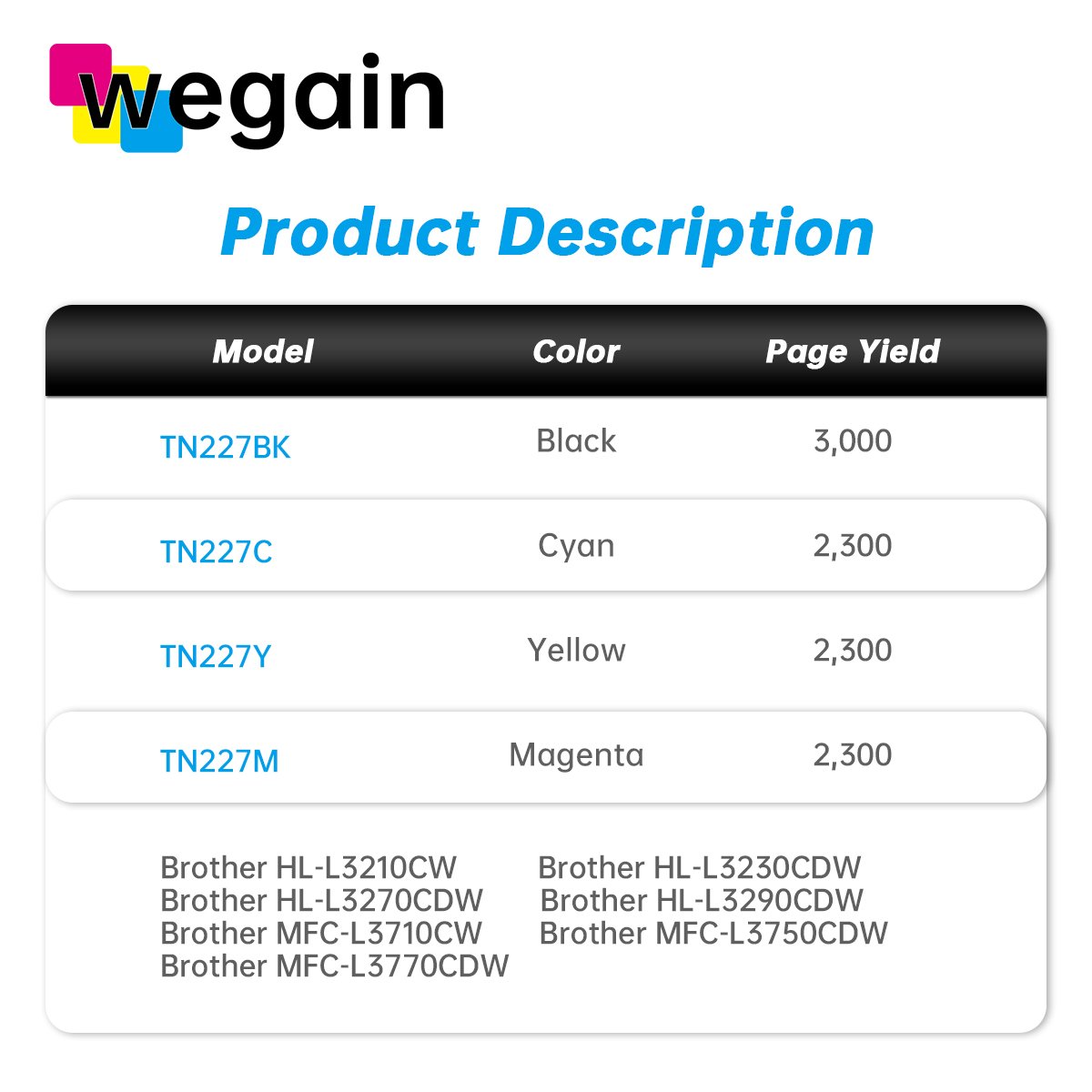 Megain TN227 TN 227 TN-227 BK C M Y Compatible Color Toner Cartridge use for HL-L3210CW TN227 Premium Laser Toner Cartridges