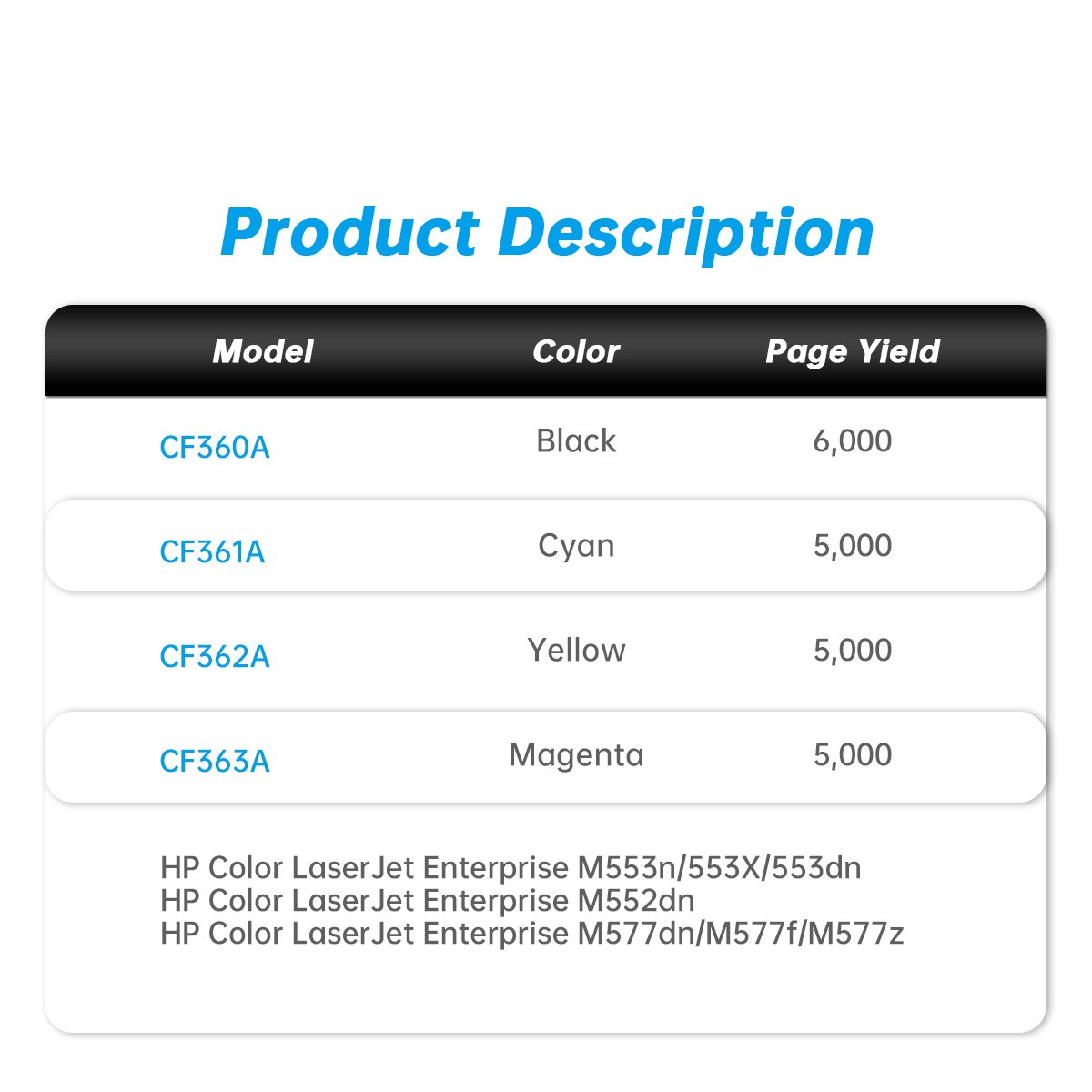 Megain CF360A CF360X 508A 508X Compatible Color Toner Cartridge Replacement for HP Color LaserJet Enterprise M552dn M553n/X/dn